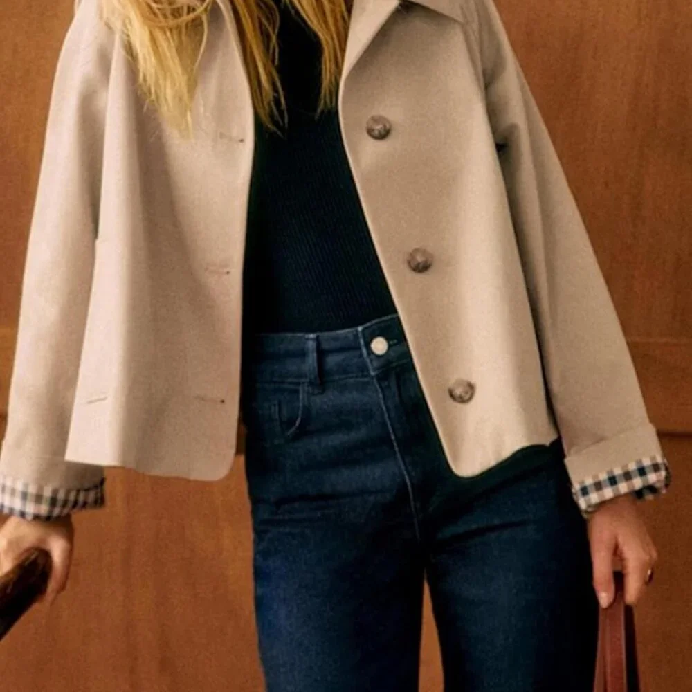 Women Oversize Trench Coat Plaid Lining Lapel Button Down Casual Crop Jacket Out - Picture 2 of 5